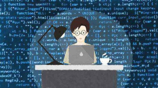图片展示一位戴眼镜的人在电脑前工作，背景充满编程代码，桌上有一杯咖啡，旁边是台灯。