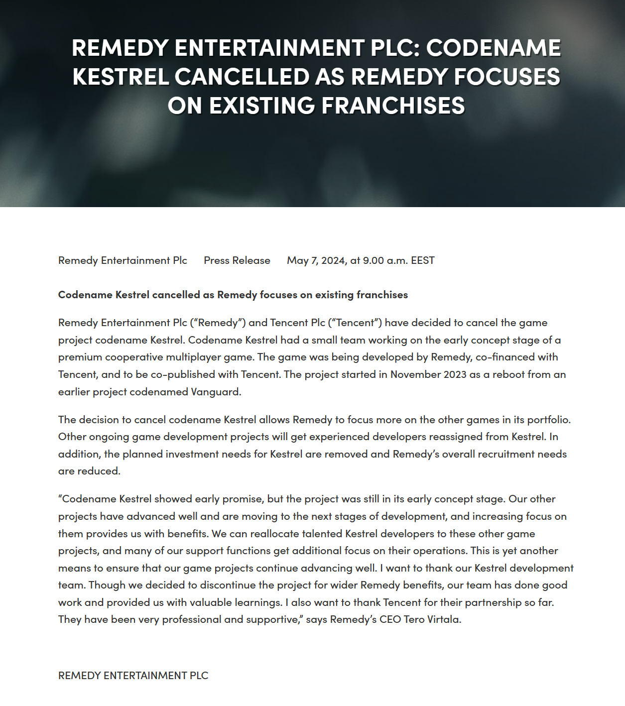 《心灵杀手》开发商Remedy宣布取消与腾讯合作的“Kestrel”多人合作游戏
